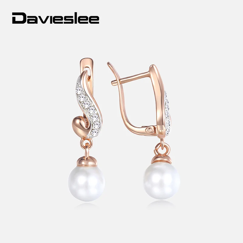 CZ Pearl Earrings for Women Girl Clear Cubic Zirconia Drop Earring 585 Rose Gold Color Girls Womens GiftsFashion Jewelry LGE143