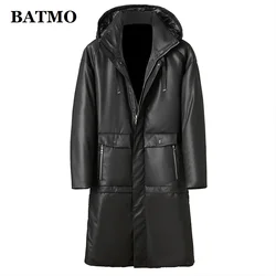 BATMO 2023 new arrival winter 90% white duck down hooded jackets men,natural real leather long coat ,Plus-size M-5XL 2111