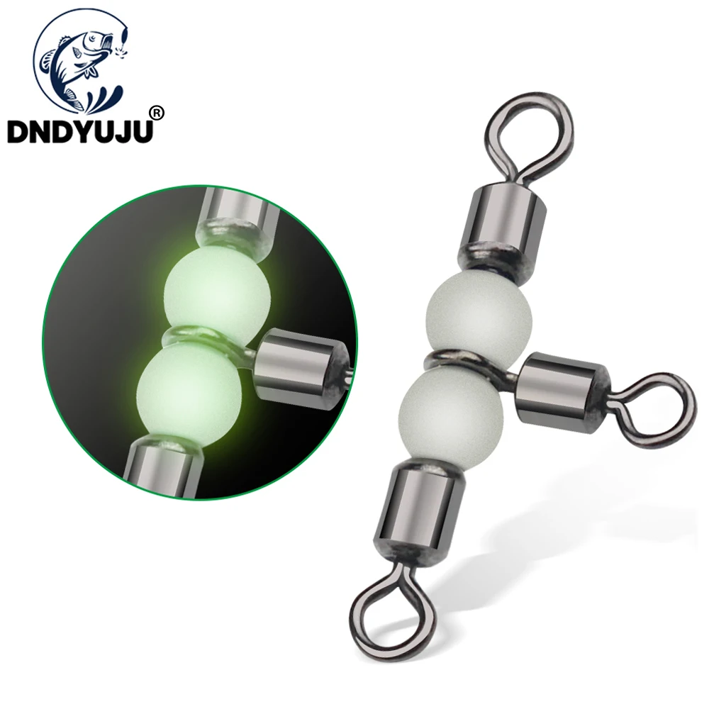 DNDYUJU 20pcs T-Shape 3 Way Rolling Swivel Cross-Line Barrel Swivel With Beads Luminous Fishing Swivels Carp Fishing Accessories