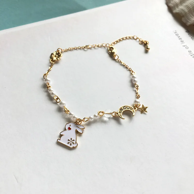 Japanese Style Cute Little Rabbit Pearl Lolita Bracelet Simple Small Moon Star Bracelet for Student Girls Kids Adjustable Length