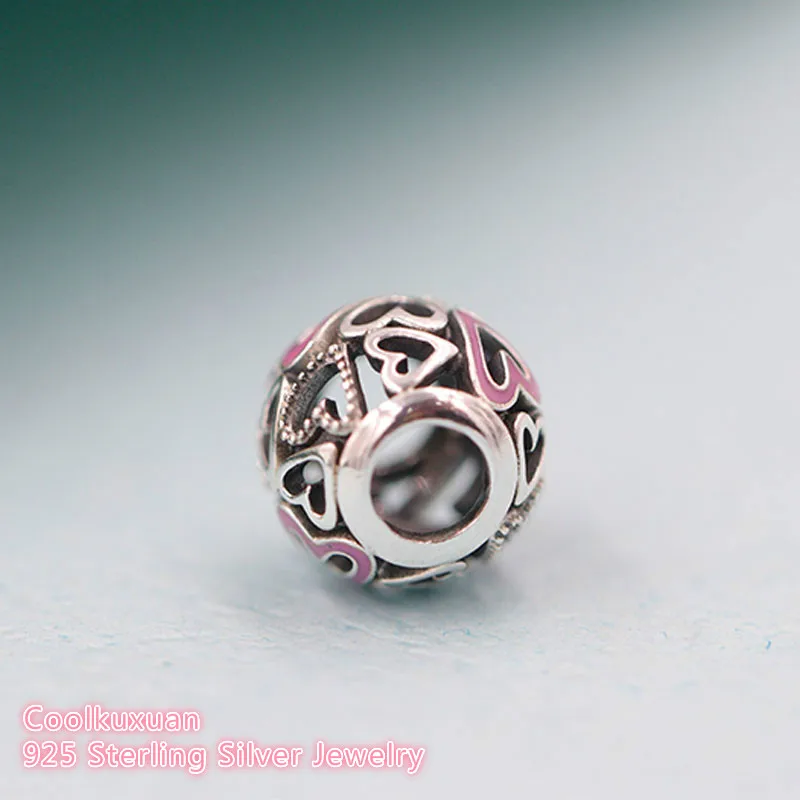 100% 925 prata esterlina rosa openwork livre coração encantos contas se encaixa original pandora pulseiras jóias fazendo