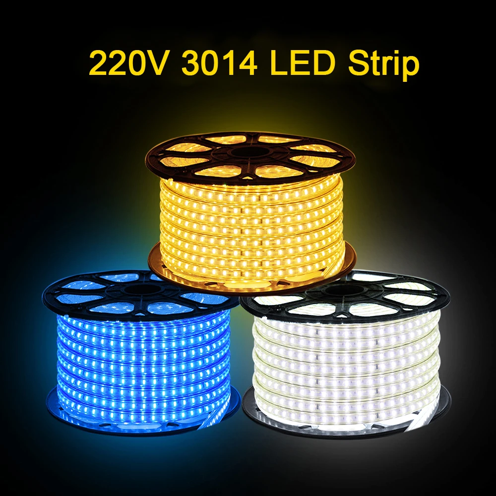 Waterproof LED Strip Light 220V SMD 3014 120LED/m Flexible LED Diode Ribbon Home Lighting Strip with EU UK Switch Plug 1m 100m