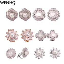 WENHQ New Cubic Zircon Pearl Clip on Earrings No Pierced for Women Girl Fashion Gold Color Flower Shape Ear Clip Fake Earrings