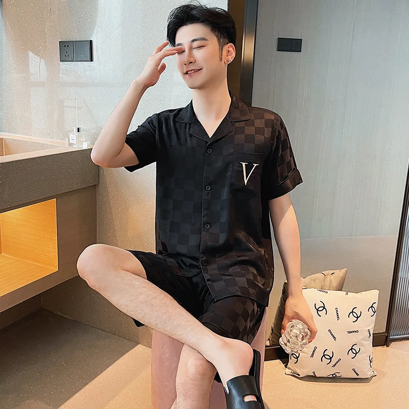 2PCS Satin Couple Pajamas Plaid Print Ice Silk Sleepwear with Turn-Down Collar Shirt And Shorts Summer Nightwear Home Clothes 4