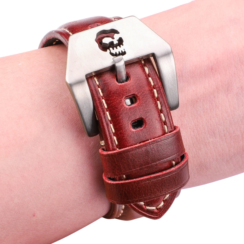 Vintage Watchbands 22mm 24mm 26mm Cow Leather Watch Strap Band Red Blue Green Brown With Skeleton Pin Buckle