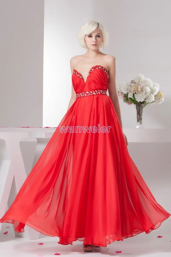 Vestido de dama de honor de gasa roja, nuevo diseño, moda de maternidad, cuentas de cristal personalizadas, Talla/color, sexy, envío gratis, 2014