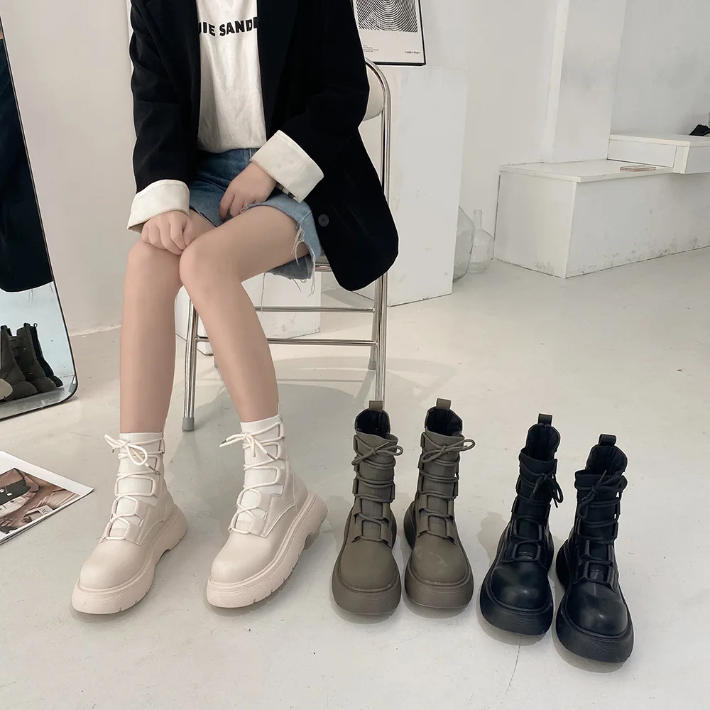 Autumn New Retro British Style Fashion Lace Elastic Boots Women All-match Thick-soled Boots