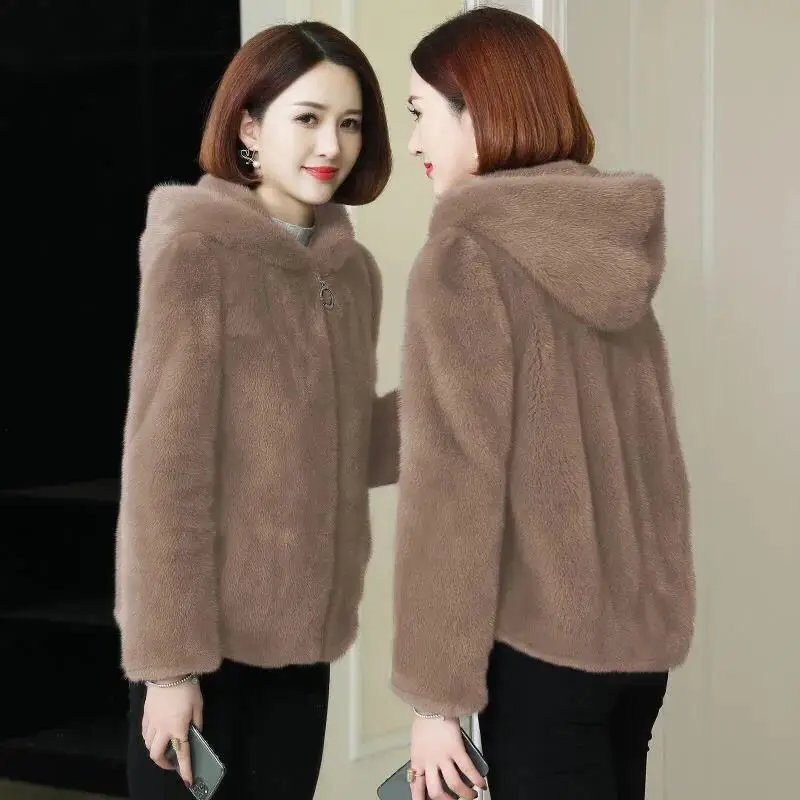 Winter Women Faux Fur Warm Hooded Coat  Zipper Plush Jackets Outerwear Woman Clothes Soft Furry Autumn Oversize