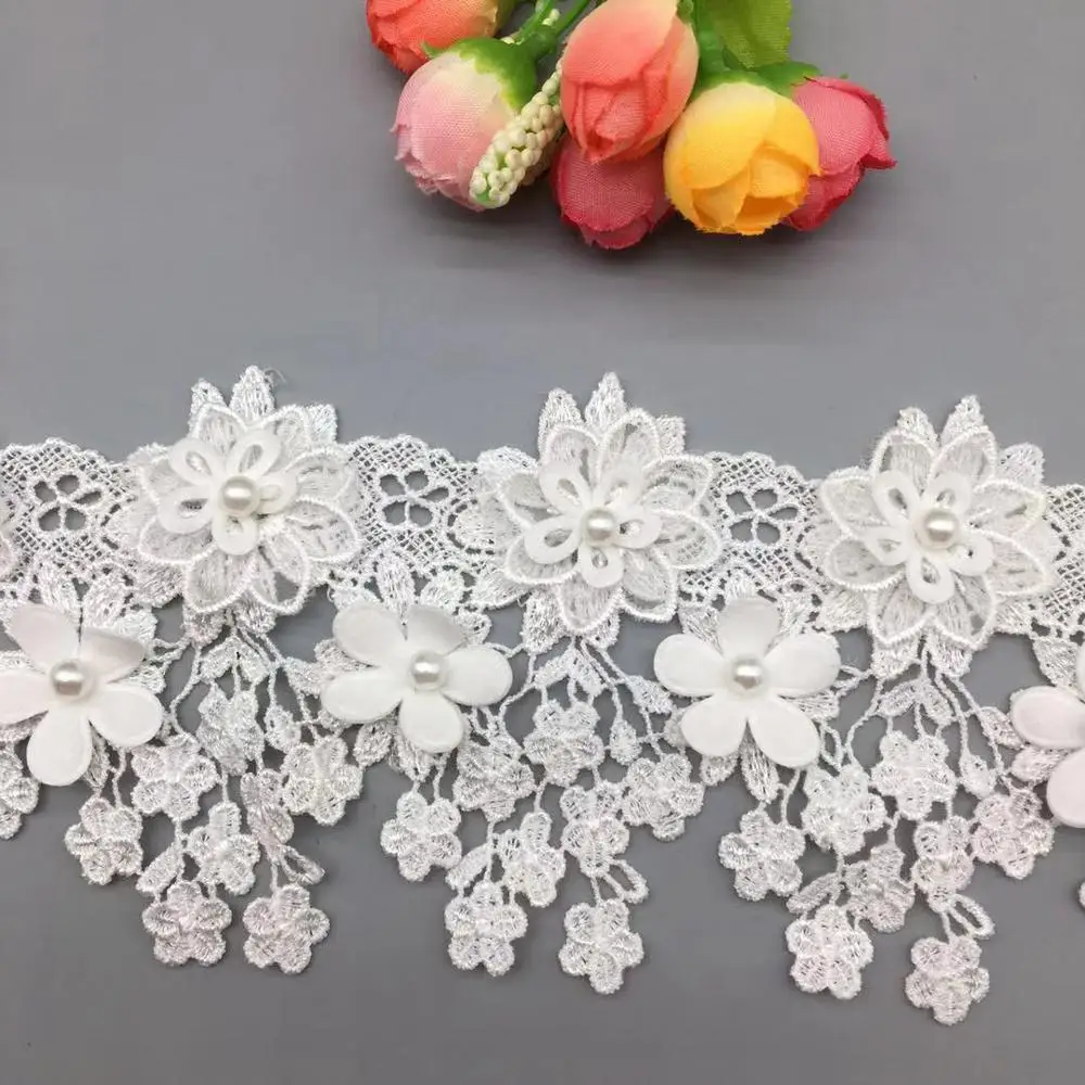 1 yard White 3D Flower Pearl Embroidered Net Lace Fabric Trim Ribbons DIY Sewing Handmade Wedding Dress Clothe Craft Materials