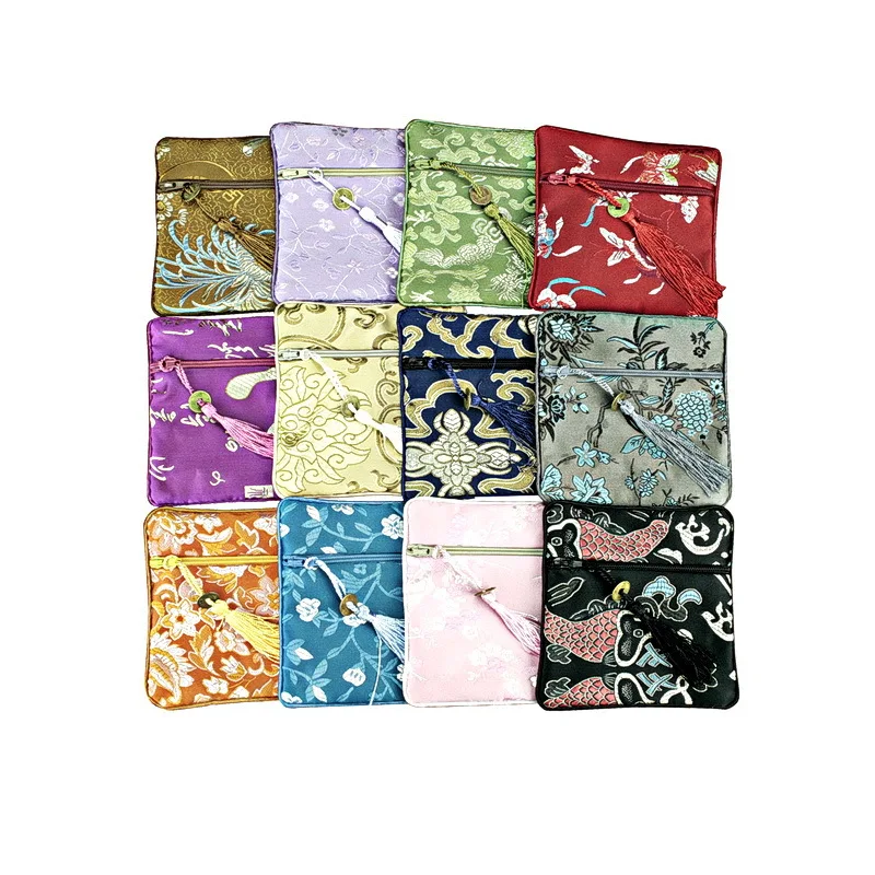 200Pcs 11.5X11.5cm Chinese Silk Brocade Coin Purse Embroider Jewelry Storage Bag Zipper Wallet Pouch