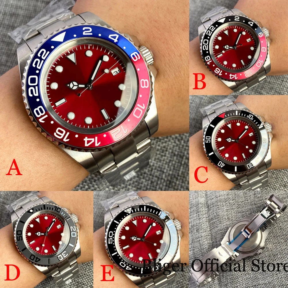 

BLIGER Sunburst Red Dial 43mm Automatic Men Watch NH35A PT5000 Movement Steel Band Glide Lock Clasp Screw Crown