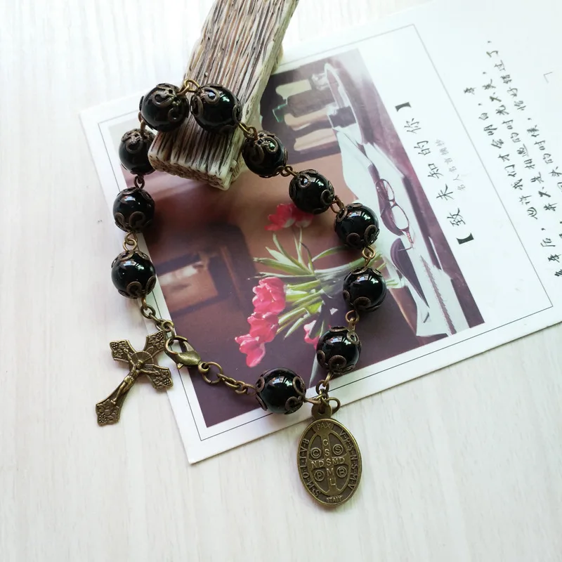 QIGO Catholic Jewelry Black Glass Beads Cross Bracelet With Cups Religious Jewelry For Men Women