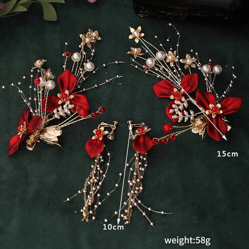 Vintage Chinese Style Clip Red Hair Pins and Clips Flower Headband Earrings Set Women Wedding Party Headdress Jewelry FORSEVEN