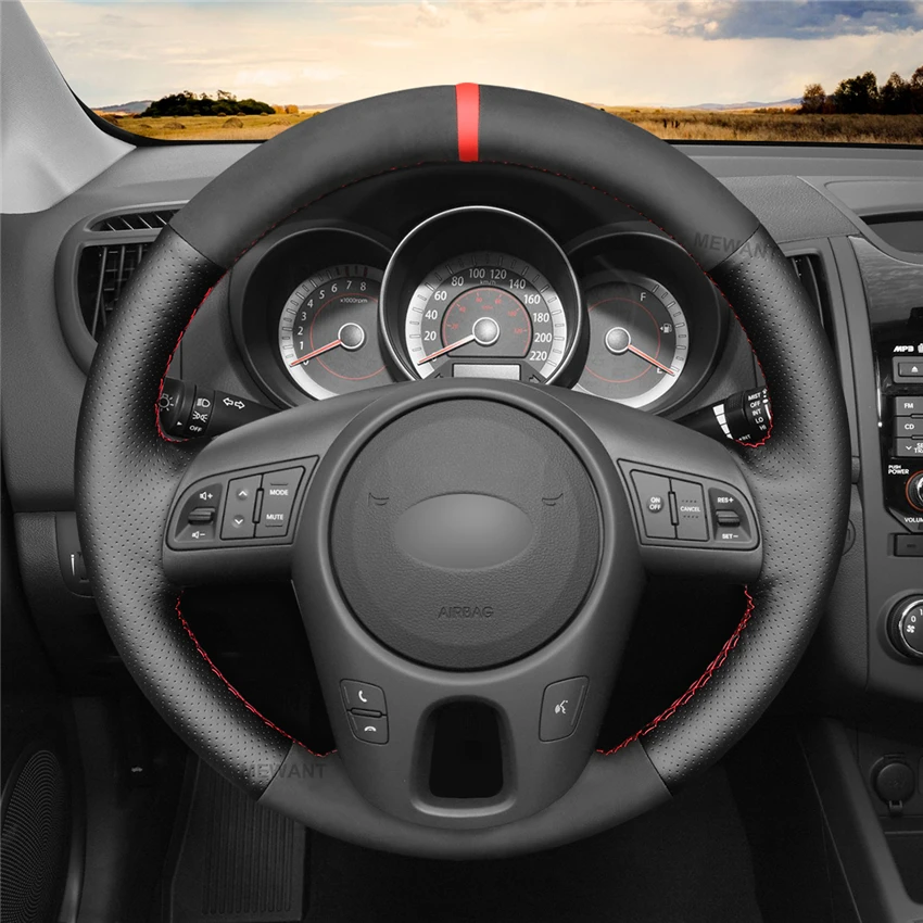 MEWANT Black Suede Genuine Leather Car Steering Wheel Covers for Kia Forte Soul Rio 2009 2010 2011 2012 2013 2014