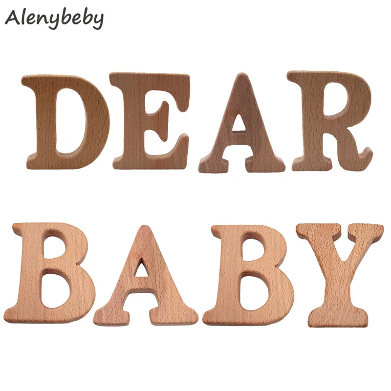 Beech Wooden English Alphabet Teether DIY Baby Teething Nursing Accessories Teether Baby Preschool Education Letter Shape Toy