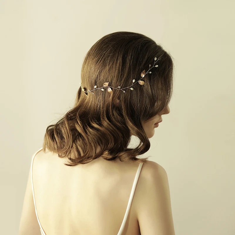 O813 Simple leaves bridal headpieces pearl bridal headband hairband crystal chain head pieces for wedding