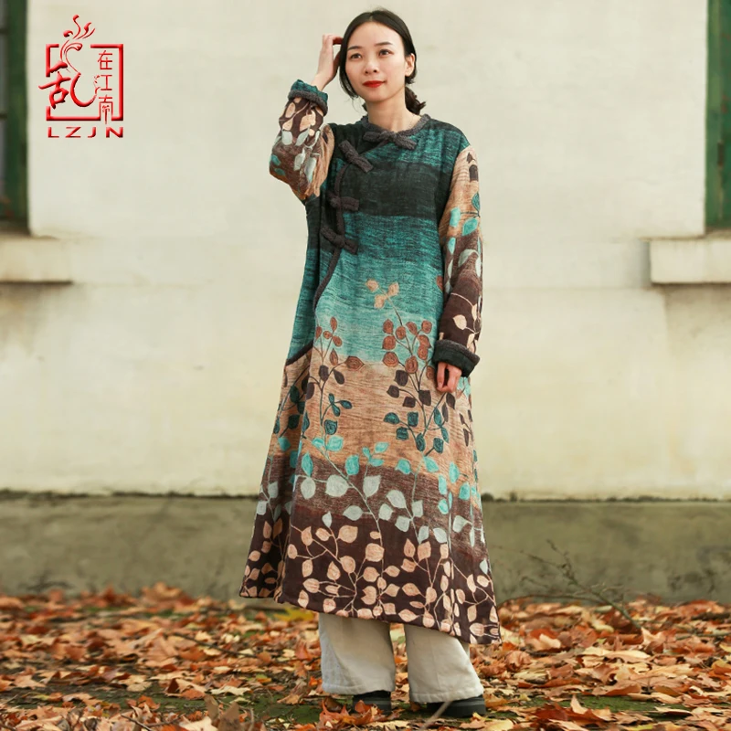 

LZJN Women's Ethnic Winter Dress Vintage Chinese Style Soft Fleece Lined Warm Thicken Printed Maxi Pullover Dress with Pockets