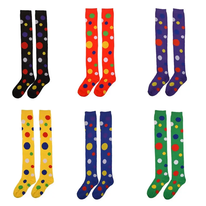 Women Girls Clown Cosplay Long Socks Fun Colorful Irregular Polka Dot Printed Over Knee Thigh High Stockings Fancy Party Costume