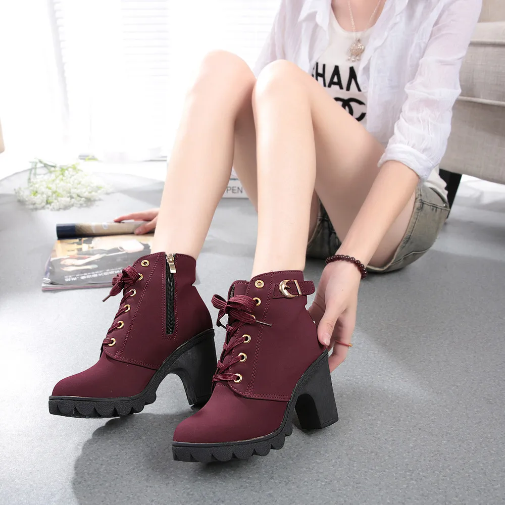 comemore 2021 Women Fashion High Heel Lace Up Ankle Boots Ladies Buckle Platform Leather Shoes Casual Leather Autumn Winter Zip