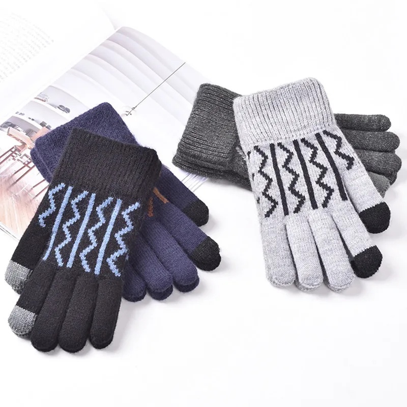 Man Winter Plus กำมะหยี่หน้าจอสัมผัสอุ่นถักถุงมือ Thicken กลางแจ้งขี่จักรยานไดรฟ์แฟชั่นความยืดหยุ่น Jacquard
