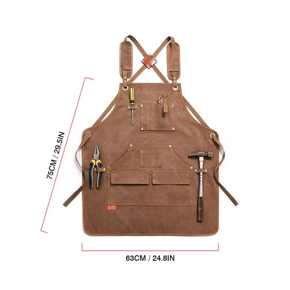 Durable Goods Heavy Duty Unisex Canvas Work Apron with Tool Pockets Cross-Back Straps Adjustable For Woodworking Painting