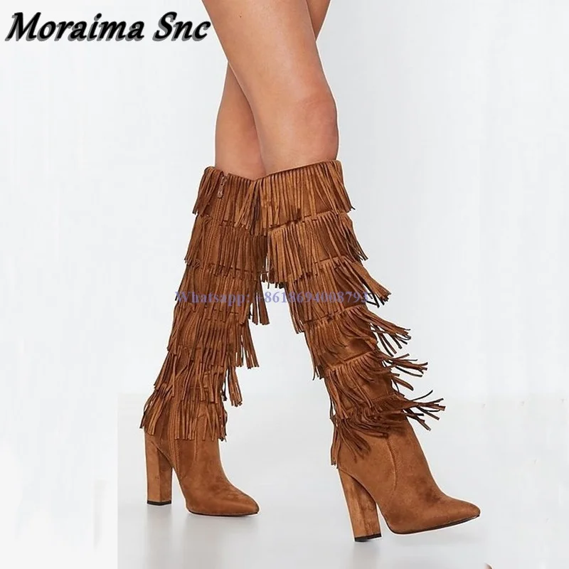 

New Long Fringe Brown Boots Side Zipper Solid Stilettos Chunky High Heel Pointed Toe Knee High Women Boots Big Size Shoes botas