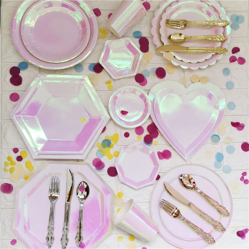 Rose Gold Disposable Tableware sets Paper Plates/cups/straws Iridescent Wedding Birthday Party Decor rainbow Dish Party Supplies