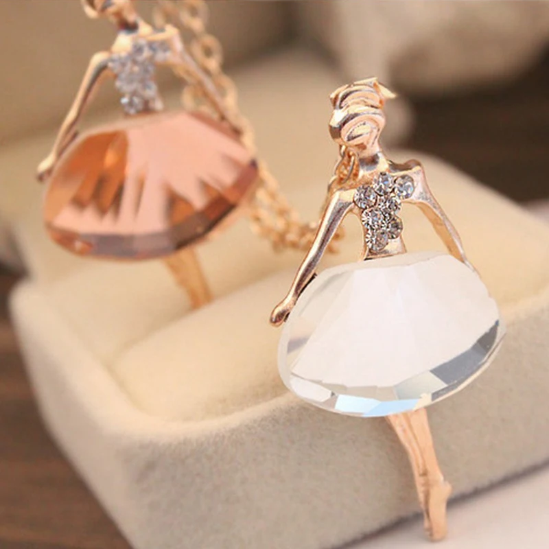 2024 Fashion Gold Color Chain Shiny Crystal Ballerina Girl Pendant Necklace Statement Long  Jewelry Female Women Gifts