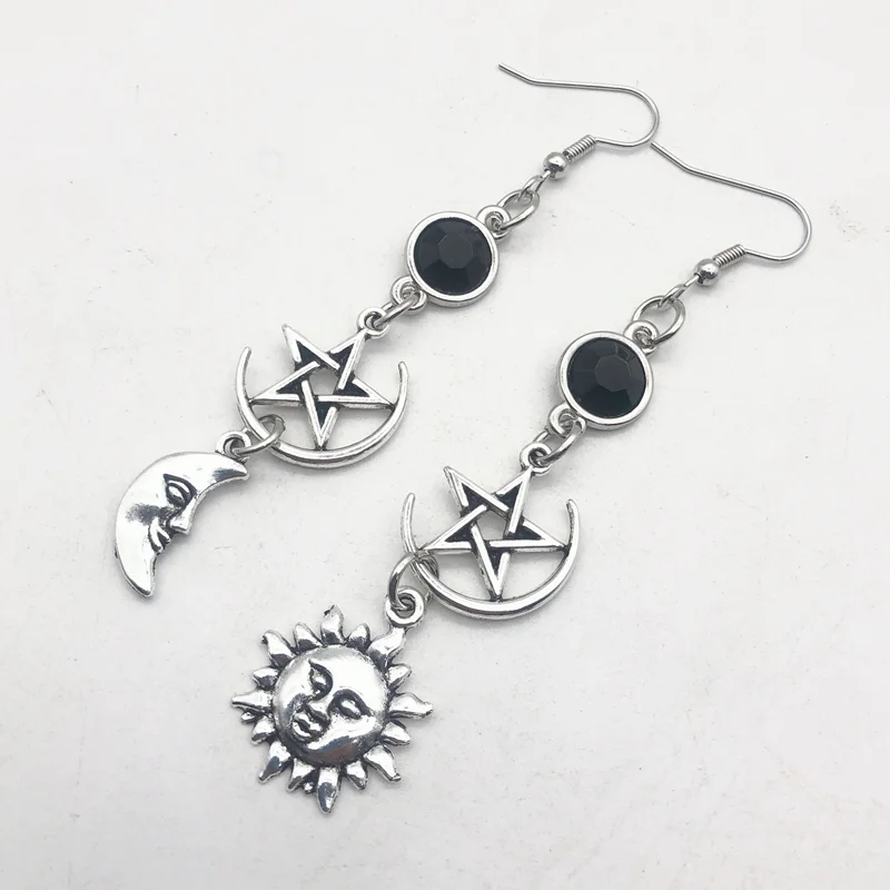 Crescent Goddess Black Birthstone Earrings and Pentagram Witch Moon Earrings Gothic Celestial Jewelry-Sun Jewelry