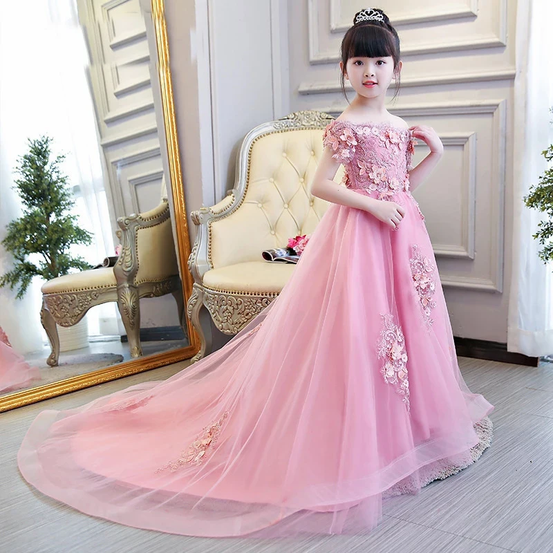 

Flower Girl Dresses Lace Appliques Sequined Kids Party Communion Dresses Short Sleeves Off The Shoulder Princess Dress