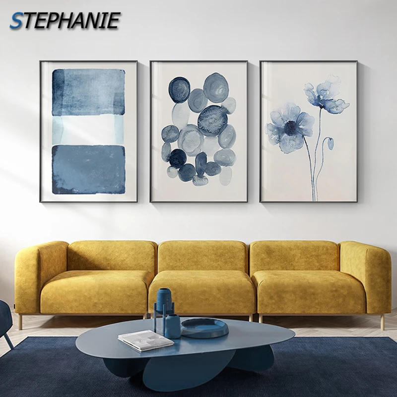 

Nordic Watercolor Abstract Flower Canvas Art Painting Blue Posters and Prints Modern Living Room Dinning Room Decoration Picture