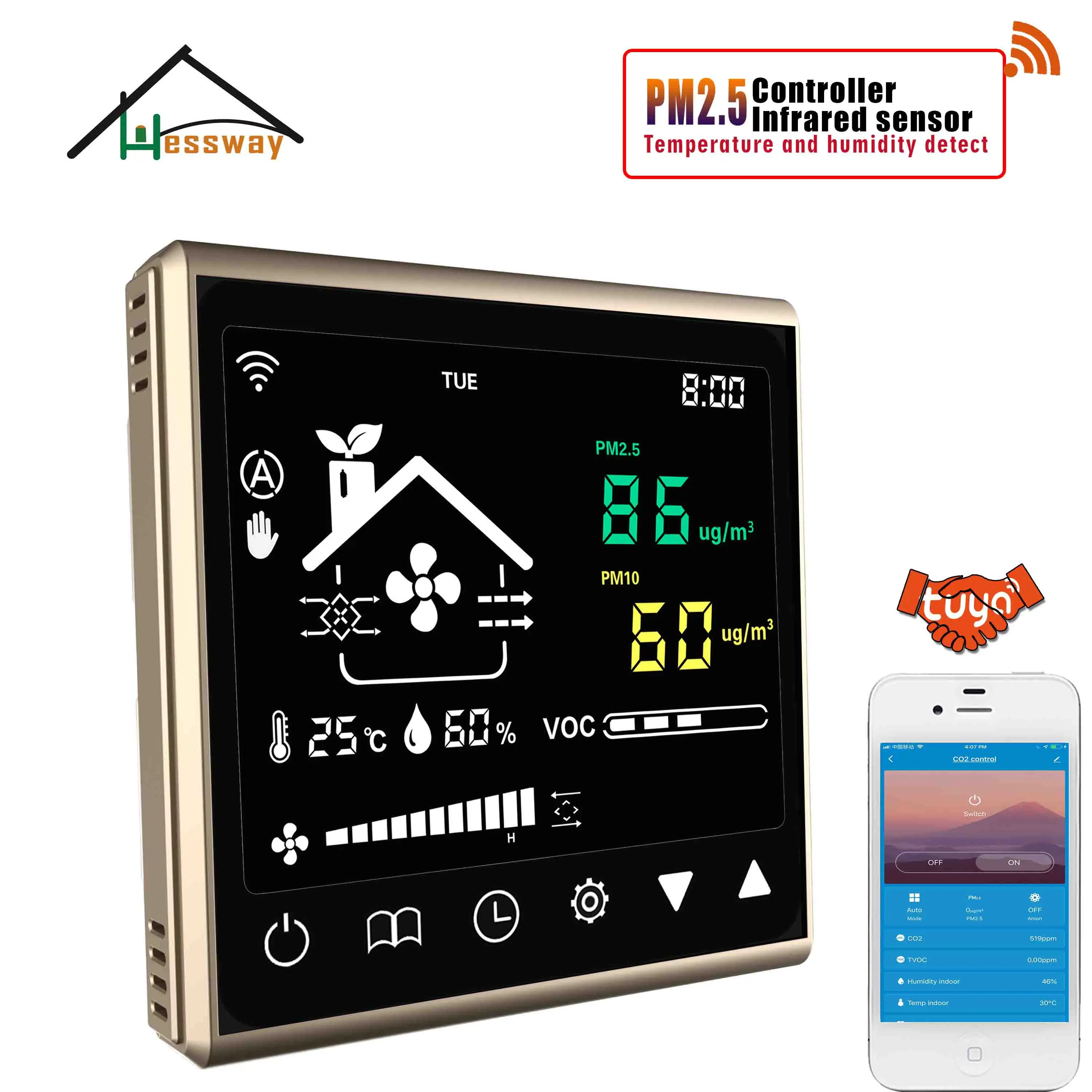 HESSWAY WIFI RS485 Temperature Humidity Monitor and Control PM10 PM2.5 for Sensor Air Ventilation System 3 Speed