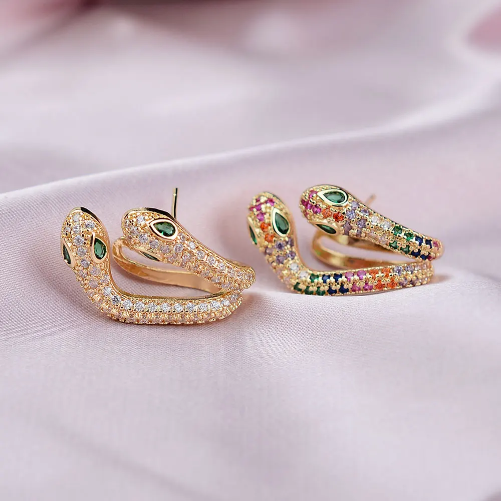 1Pcs New Two Headed Snake Studs Earrings For Women Vintage Rainbow Zircon Ear Bone Clip Punk Ear Cuffs Personality Jewelry Gifts