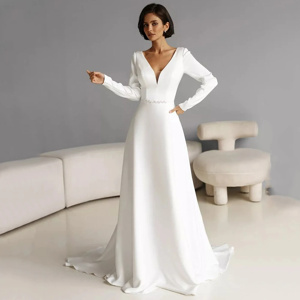 Customized Simple A-Line Floor Length Wedding Dress With Sashes Jersey Backless Bridal Gowns Sweep Train Long Sleeve