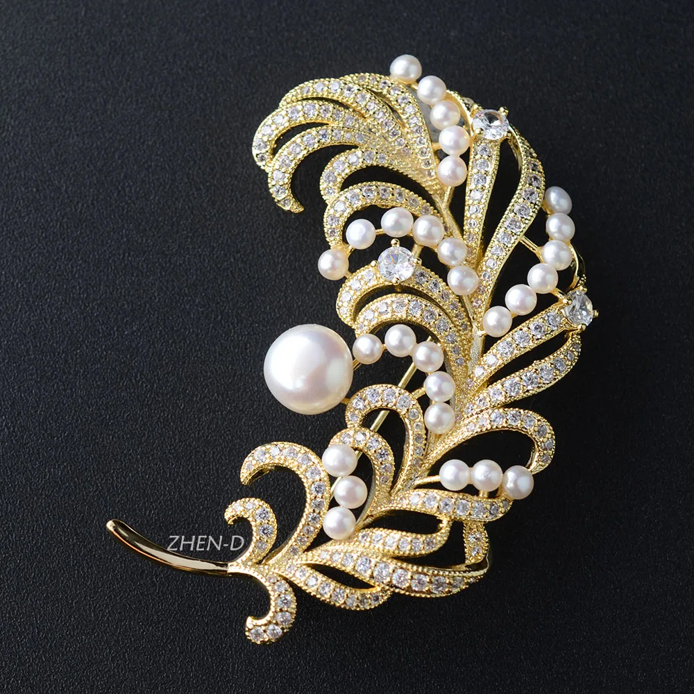 ZHEN-D Jewelry Vintage Retro Golden Feather Brooch Pin Freshwater Pearls Elegant gift Lapel Pins Wedding clothes Decoration