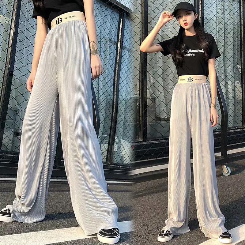 

Women High Waist Pants Summer Ice Silk Knitted Straight Trousers Streetwear Loose Casual Long Wide Leg Solid Color Pants Femme