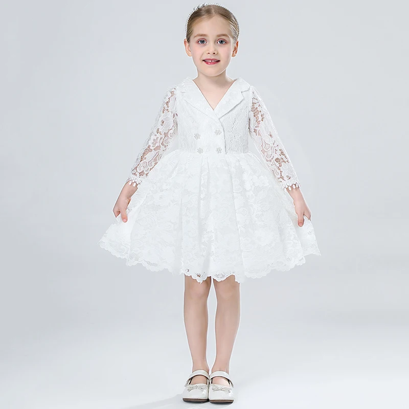 Kids Long Sleeve Lace Dress for Girls Summer Children Elegant Ball Gowns Infant Christening  Baptism Dresses Red pink white