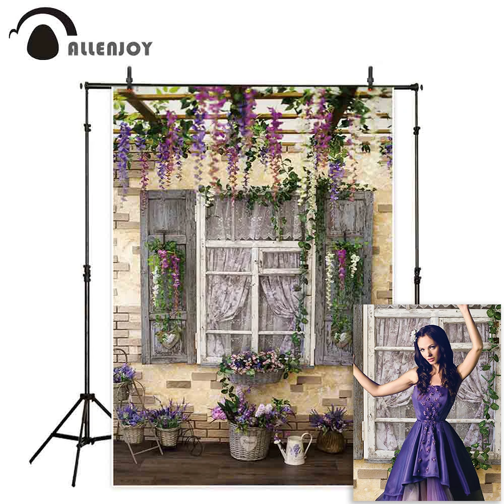 

Allenjoy backdrop for photographic studio spring patio wistaria flowers wood pergola decorated retro window background photocall