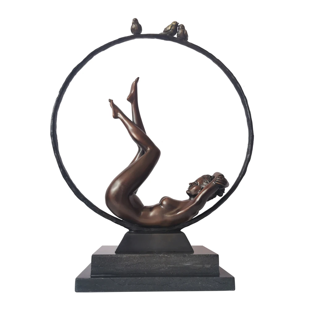 Nude Girl Lying in Bronze Circle Sculpture Modern Woman Statue Sexy Western Female Figurine Vintage Erotic Art Home Decor