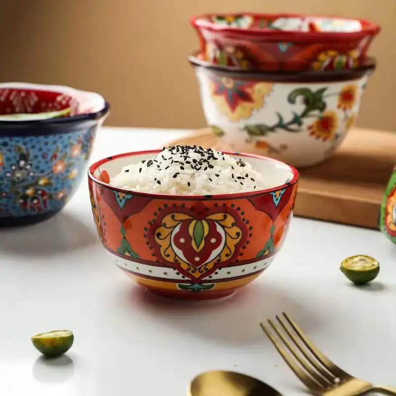 Bohemian Hand-painted Ceramic Tableware Rice Bowl Turkey Art Fruit Salad Bowl Home Breakfast Cereal Bowl Dessert Noodle Bowls