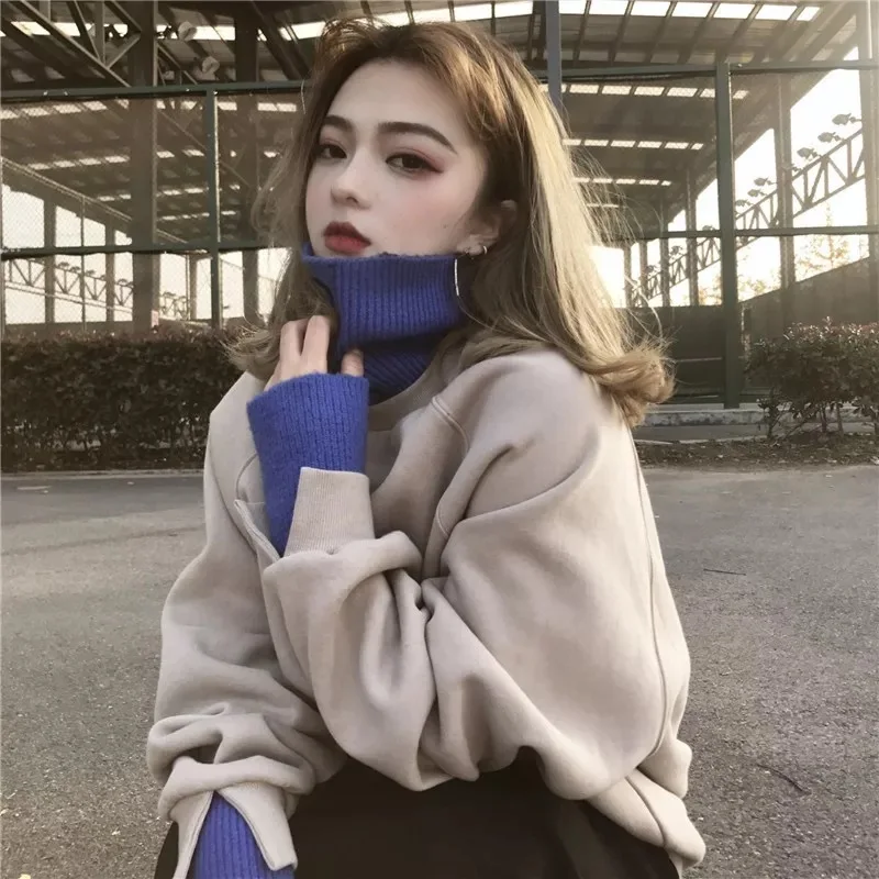 Hoodies Women  All-match Turtleneck Korean Style Casual Thicker Warm Hoodie Womens Loose Harajuku Tops Soft Letter Pullover New