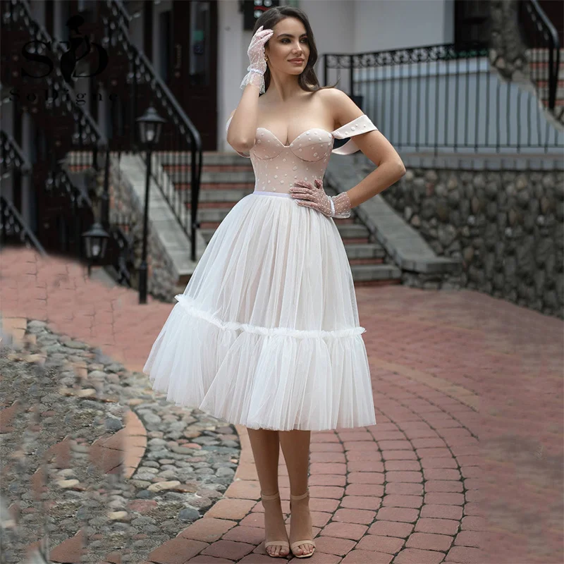 SoDigne-vestido de novia corto de manga larga para mujer, traje de boda estilo bohemio, largo hasta el té, color marfil, con hombros descubiertos, para playa y fiesta, 2021