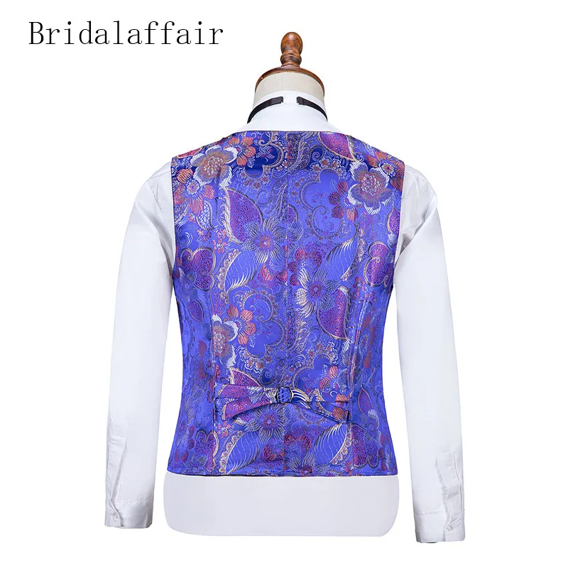 Bridalaffair Mens Suits Royal Blue Jacquard Floral Print Party Wedding Tuxedo Suit for Men 3pcs Blazer Vest Pant Costume Homme