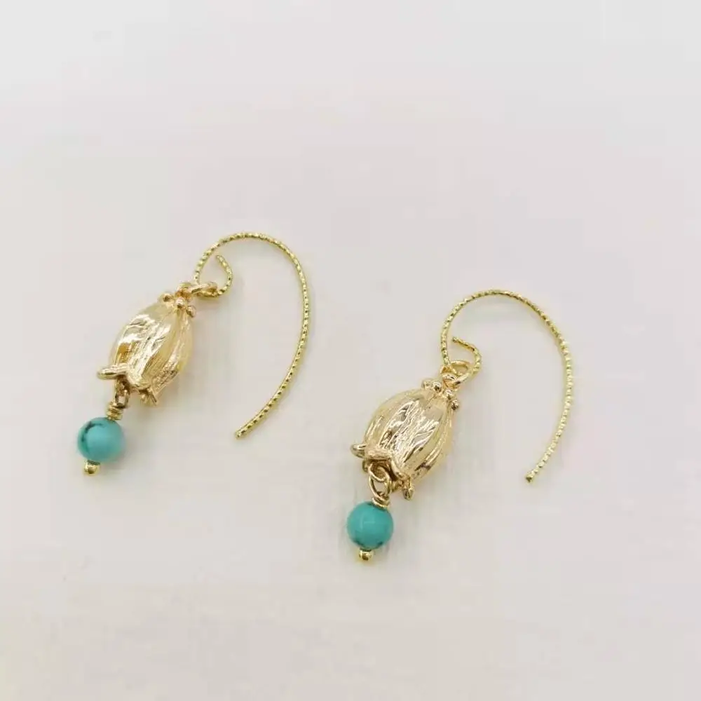 

Muguet Flower Dangle Earrings Turquoise Natural Stones Pendant Charm 14K Gold Filled Unusual For Women Girl Fine Jewelry Gift