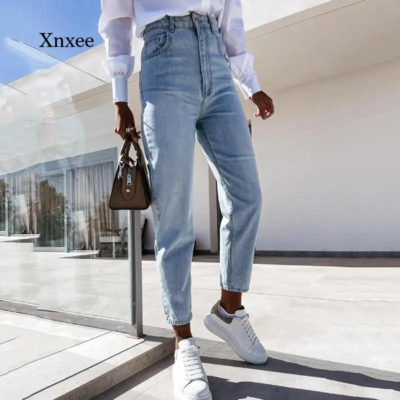 Summer High Waist Casual Women's Solid Color Street Slim Jeans Denim Style Blue Pencil Pants Zipper Pocket Full Jeans