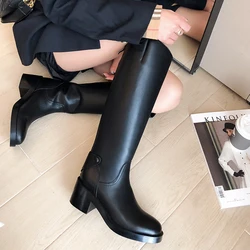 Women knee-high boots natural Leather shoes plus size 22-27 cm length 6cm heel cow leather autumn and winter warm plush shoes