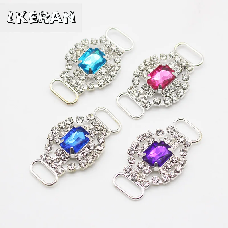 LKERAN 10Pcs 20*34mm Fashion Crystal Buckles Rhinestone Bikini Connector Ribbon Clothing Buckle