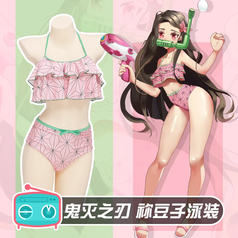 

Kamado Bikini Nezuko Anime Anime Cosplay Costume with Hairpin Sexy Beach Swimsuit Set Swimwear Bathing Suit Woman Girl