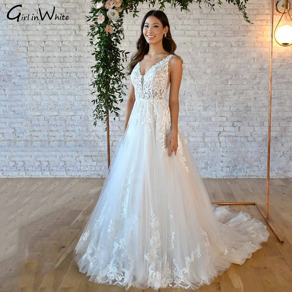 Luxo laço tanque manga a linha vestido de casamento com decote em v moderno vestidos de noiva sem costas vestido para a noiva ser robe de mariée