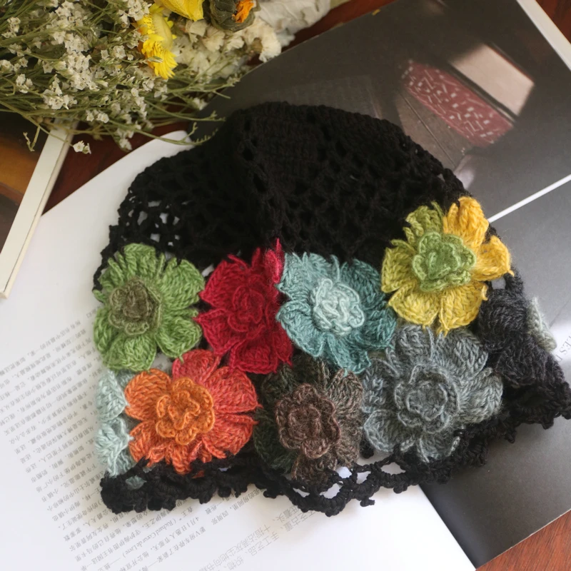 Women\'s knitted hat autumn and winter gradient color handmade crochet flower toe cap hat retro beauty elegant hollow painter hat